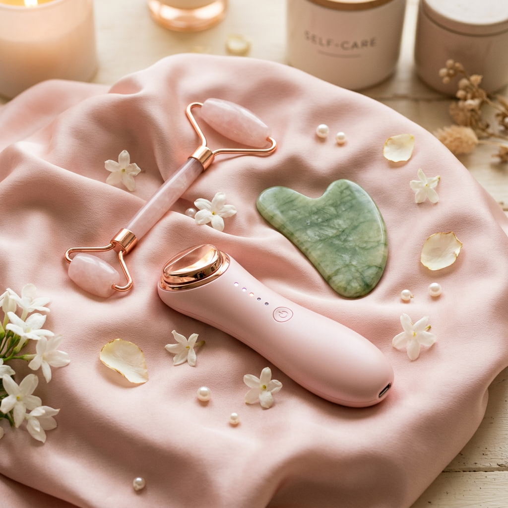 Rose gold beauty tools on blush pink silk