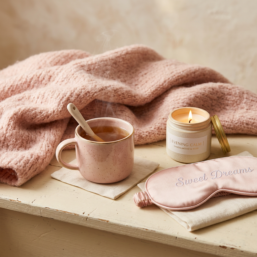 Cozy blush pink blanket, eye mask and tea
