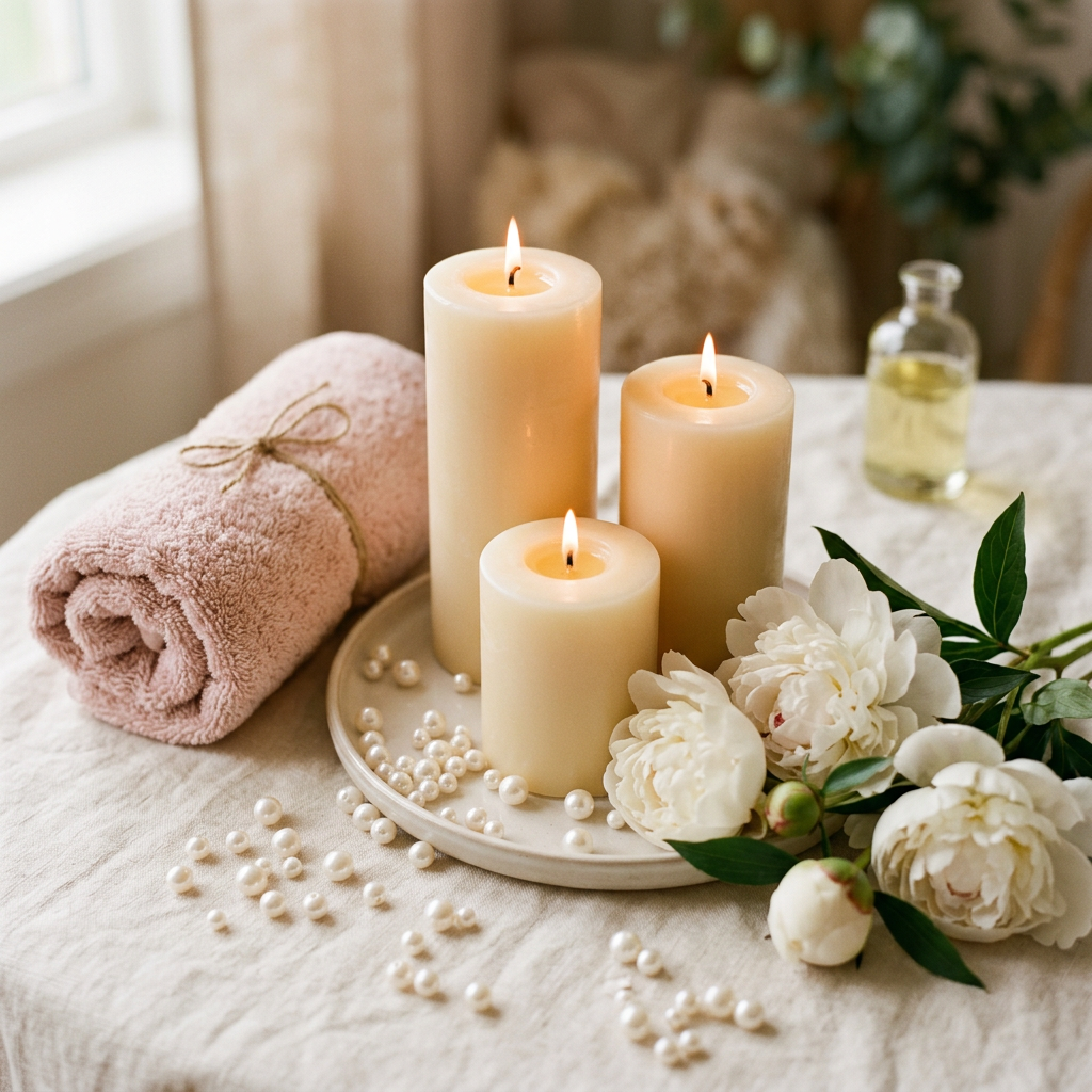 Cream candles and blush pink spa towels