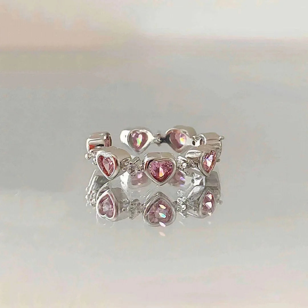 Sparkling Pink Zircon Ring — Dainty Y2K Heart & Star Ring for Women