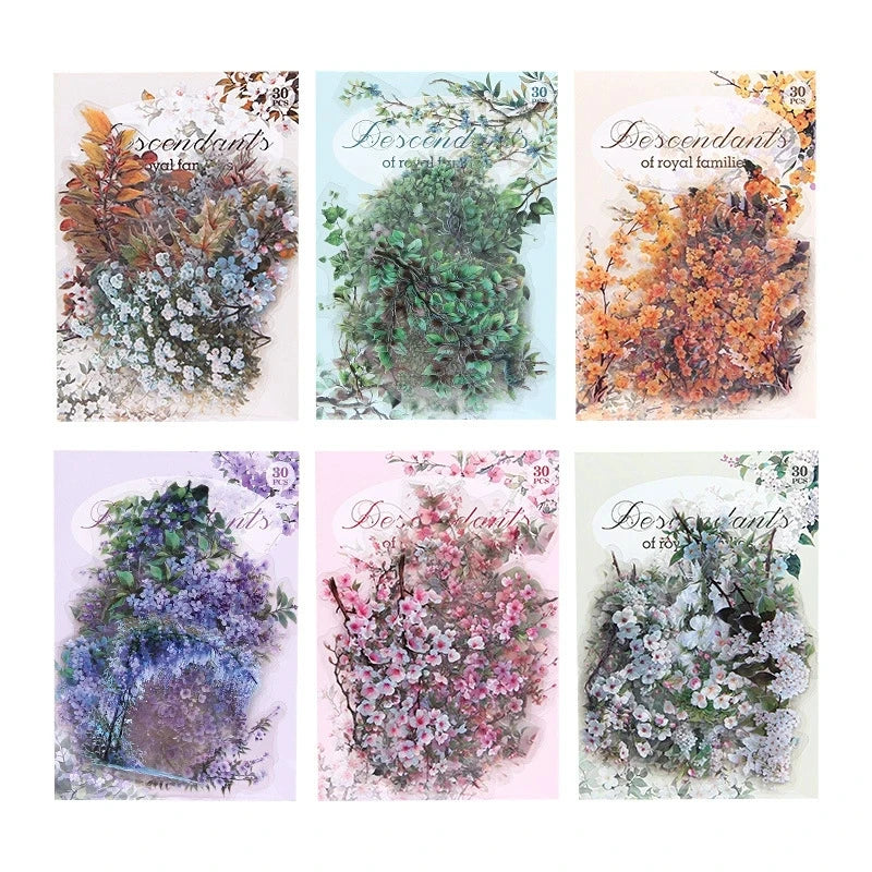 Vintage Flower Stickers — 30pc Waterproof PET Stickers for Journaling
