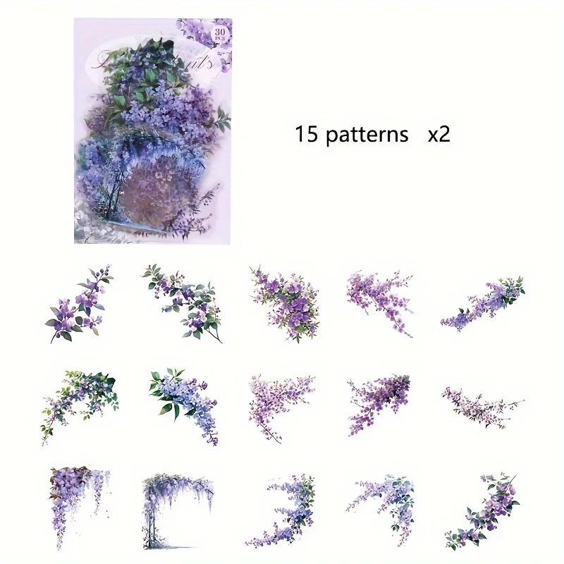 Vintage Flower Stickers — 30pc Waterproof PET Stickers for Journaling