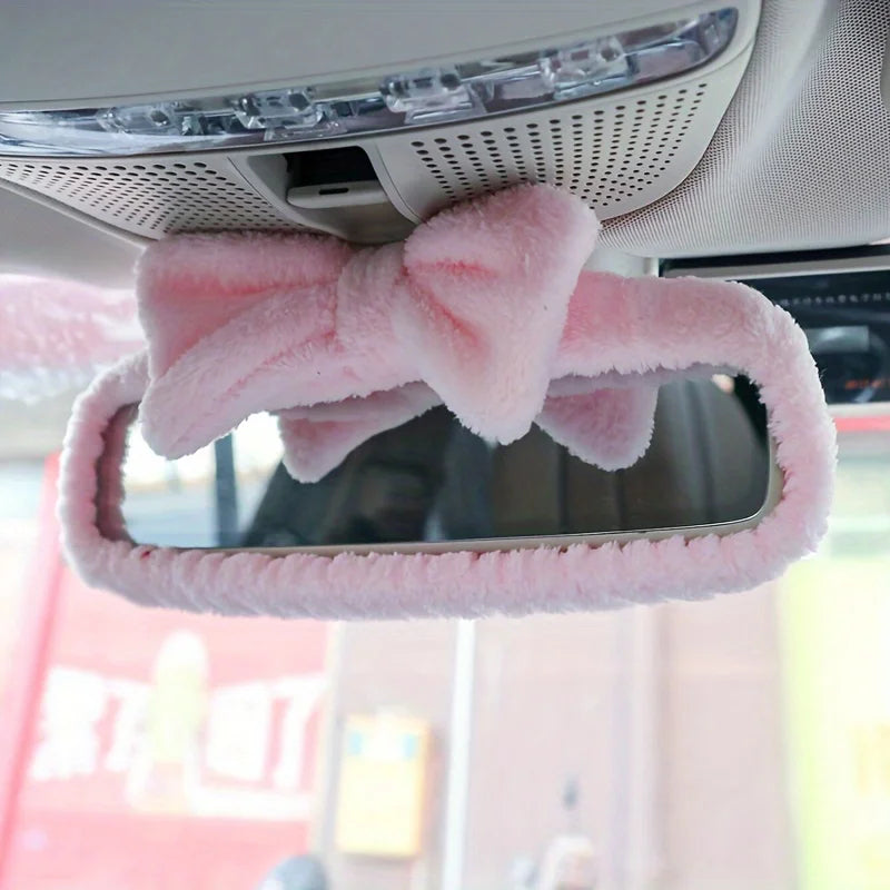 Plush Bow Rearview Mirror Cover — Cute Pink Car Mirror Accessory