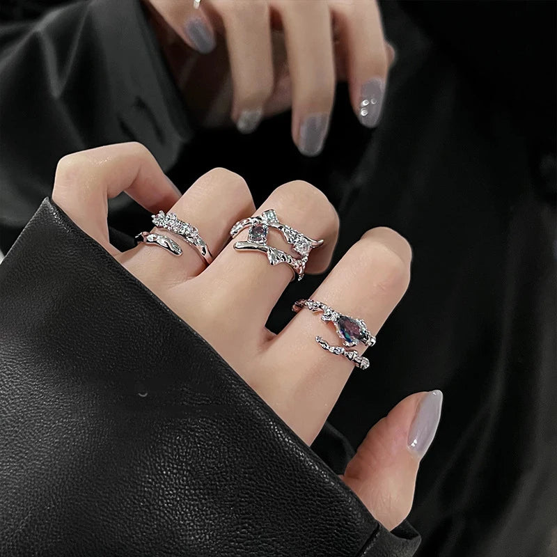 Y2K Zircon Ring Set (3-Piece) — Star & Opal Crystal Stackable Rings
