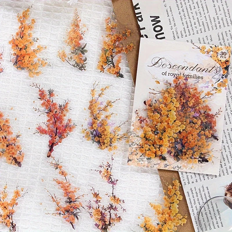 Vintage Flower Stickers — 30pc Waterproof PET Stickers for Journaling