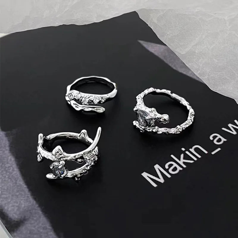 Y2K Zircon Ring Set (3-Piece) — Star & Opal Crystal Stackable Rings