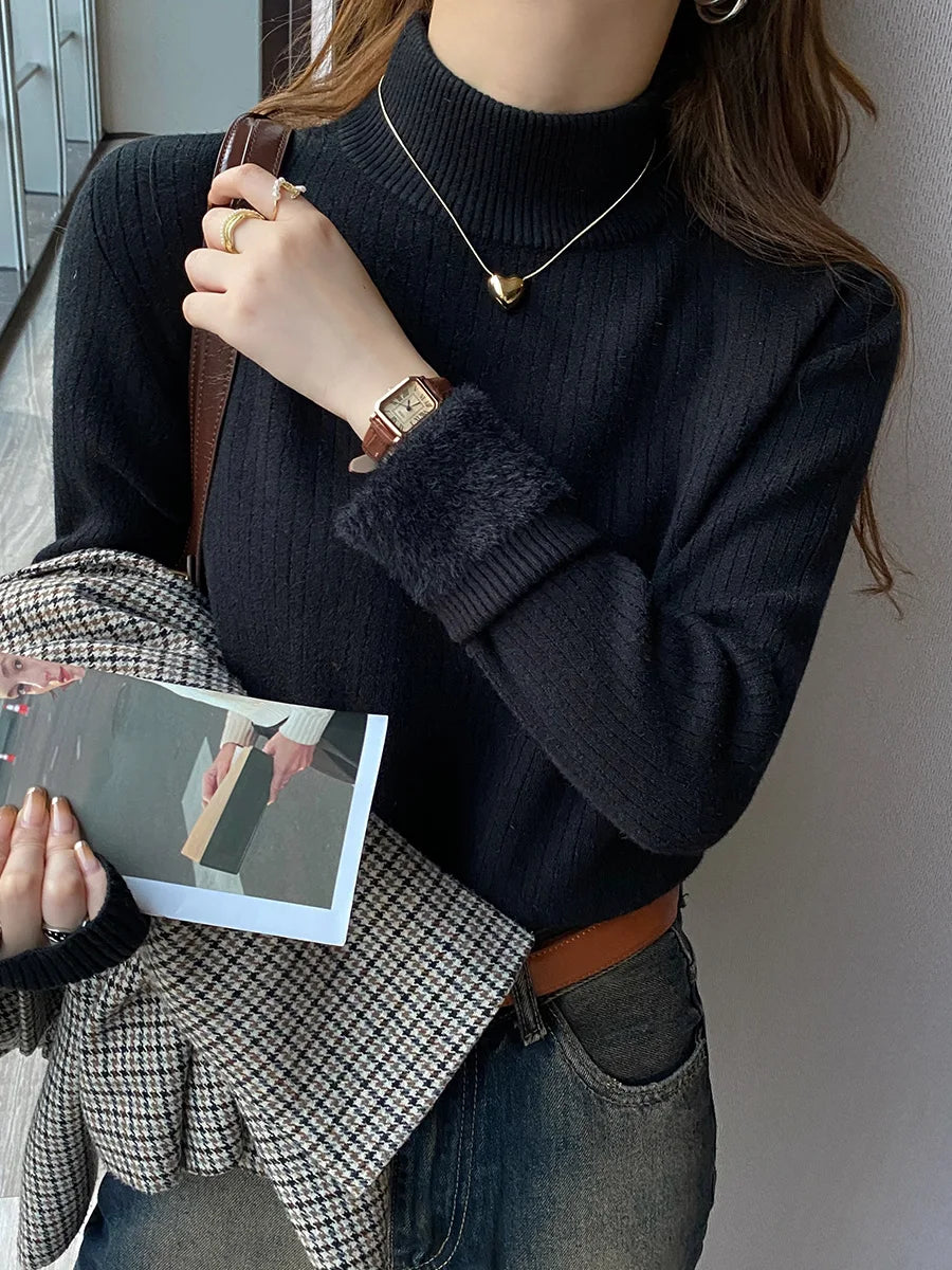 Velvet-Lined Turtleneck Top — Warm Thermal Knit Base Layer for Women