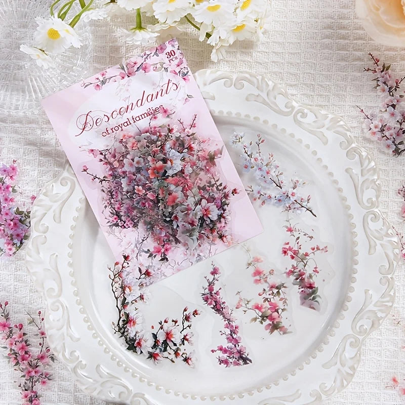 Vintage Flower Stickers — 30pc Waterproof PET Stickers for Journaling