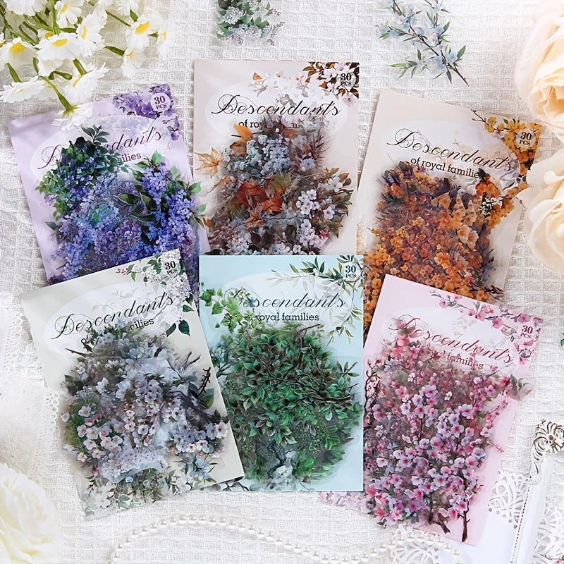 Vintage Flower Stickers — 30pc Waterproof PET Stickers for Journaling