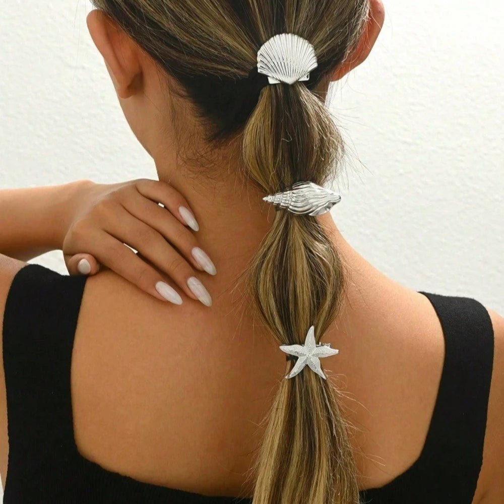 Gold Starfish & Shell Hair Clips (3-Pack) — Cute Coastal Duckbill Clips for Women