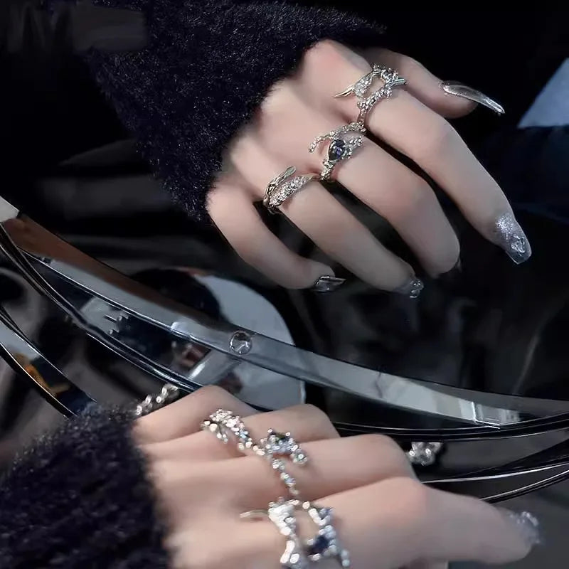 Y2K Zircon Ring Set (3-Piece) — Star & Opal Crystal Stackable Rings