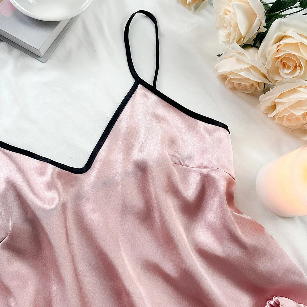 Satin Cami Pajama Set — V-Neck Cami & Ruffle Bow Shorts Sleepwear