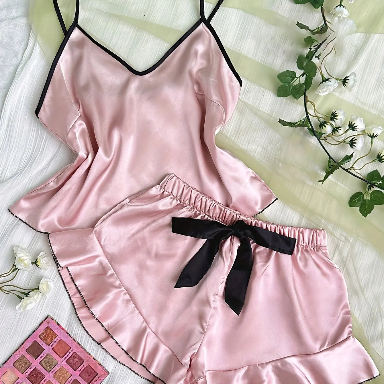 Satin Cami Pajama Set — V-Neck Cami & Ruffle Bow Shorts Sleepwear