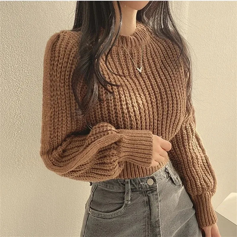 Vintage Lantern-Sleeve Knit Sweater — Soft Oversized Korean Pullover