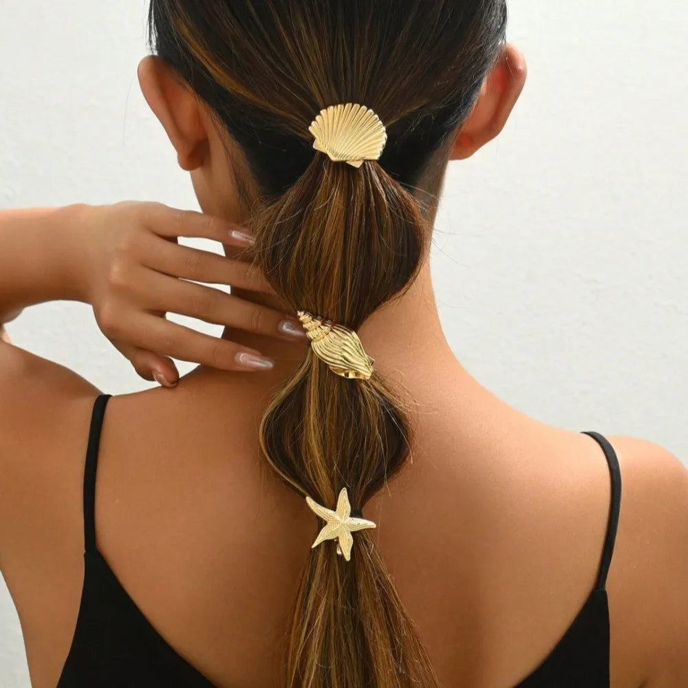 Gold Starfish & Shell Hair Clips (3-Pack) — Cute Coastal Duckbill Clips for Women