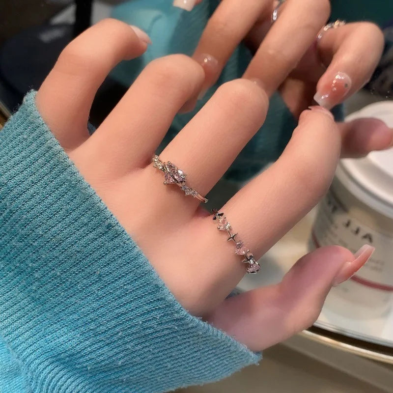 Pink Crystal Heart Ring — Cute Y2K Adjustable Zircon Ring for Women