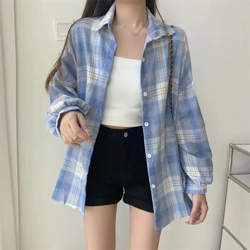 Plaid Flannel Shirt — Vintage Preppy Button-Up Blouse for Women
