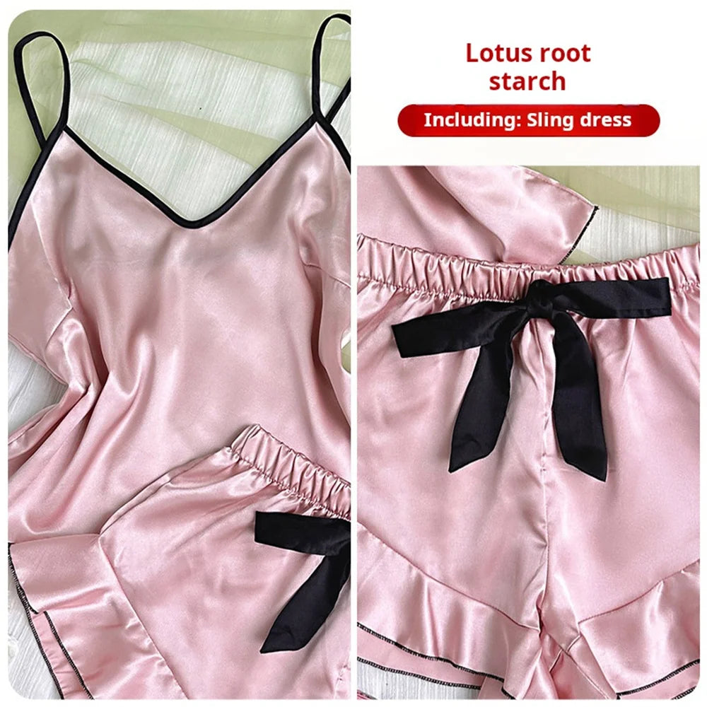 Satin Cami Pajama Set — V-Neck Cami & Ruffle Bow Shorts Sleepwear