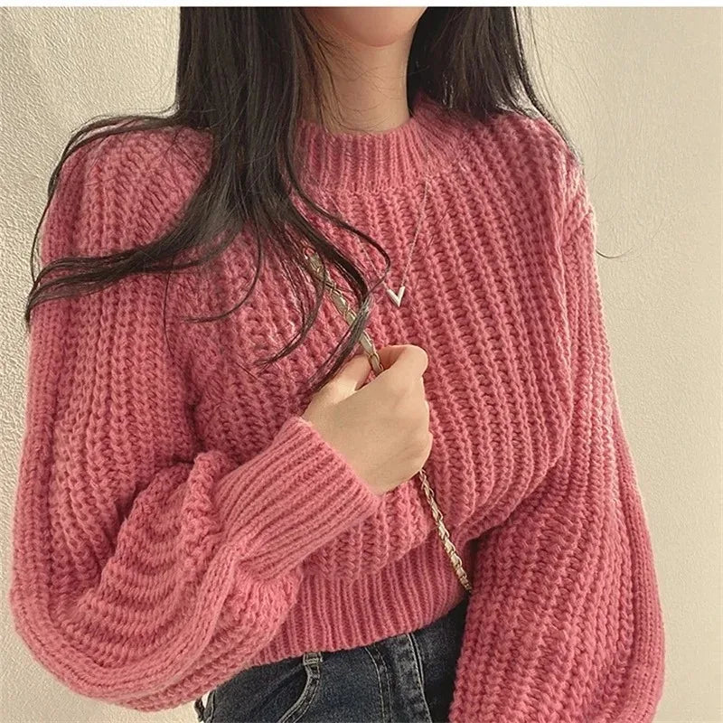 Vintage Lantern-Sleeve Knit Sweater — Soft Oversized Korean Pullover