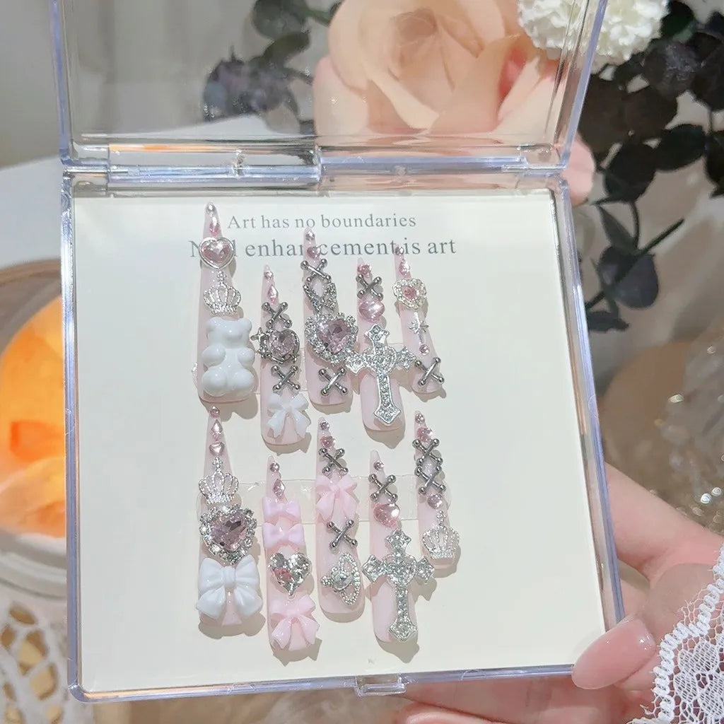 Y2K Press-On Nails — Cute Pink Bow & Heart Long Stiletto Fake Nails