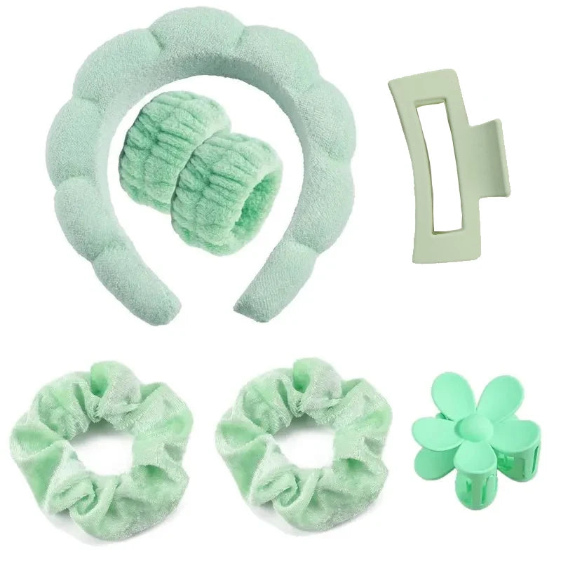 Spa Headband & Scrunchie Set (7-Piece) — Microfiber Makeup Wash Headband + Wrist Bands