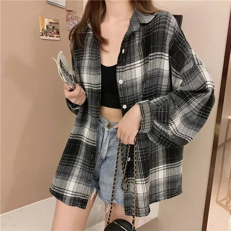 Plaid Flannel Shirt — Vintage Preppy Button-Up Blouse for Women