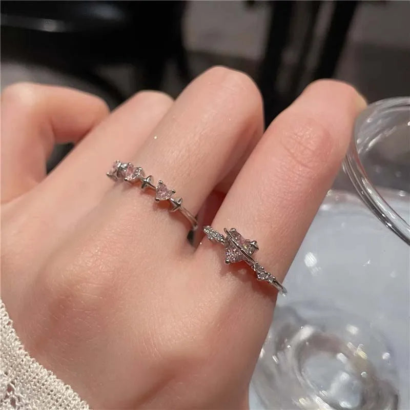 Pink Crystal Heart Ring — Cute Y2K Adjustable Zircon Ring for Women