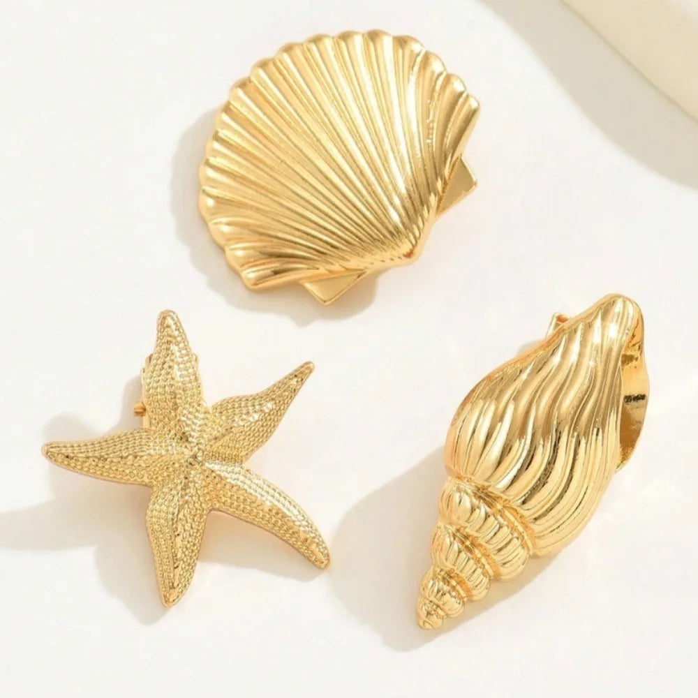 Gold Starfish & Shell Hair Clips (3-Pack) — Cute Coastal Duckbill Clips for Women