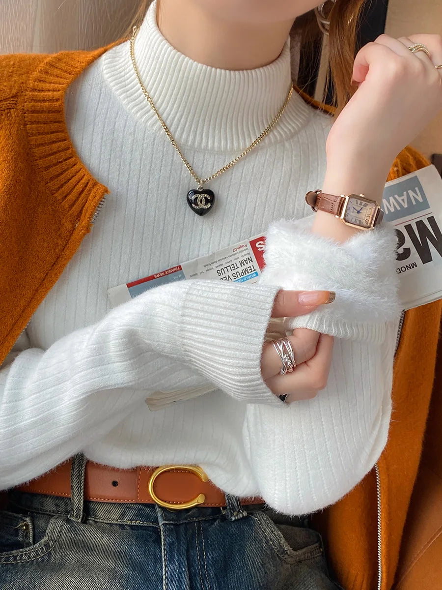Velvet-Lined Turtleneck Top — Warm Thermal Knit Base Layer for Women