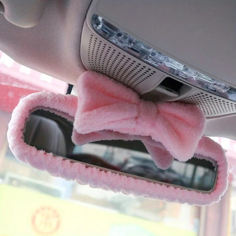 Plush Bow Rearview Mirror Cover — Cute Pink Car Mirror Accessory