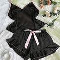 Satin Cami Pajama Set — V-Neck Cami & Ruffle Bow Shorts Sleepwear