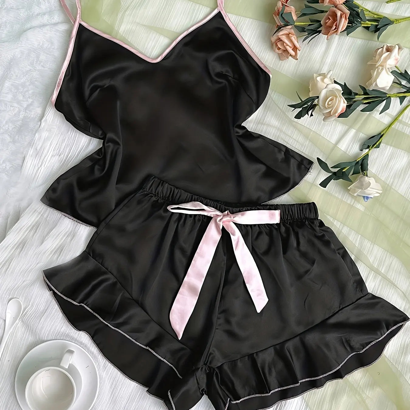 Satin Cami Pajama Set — V-Neck Cami & Ruffle Bow Shorts Sleepwear