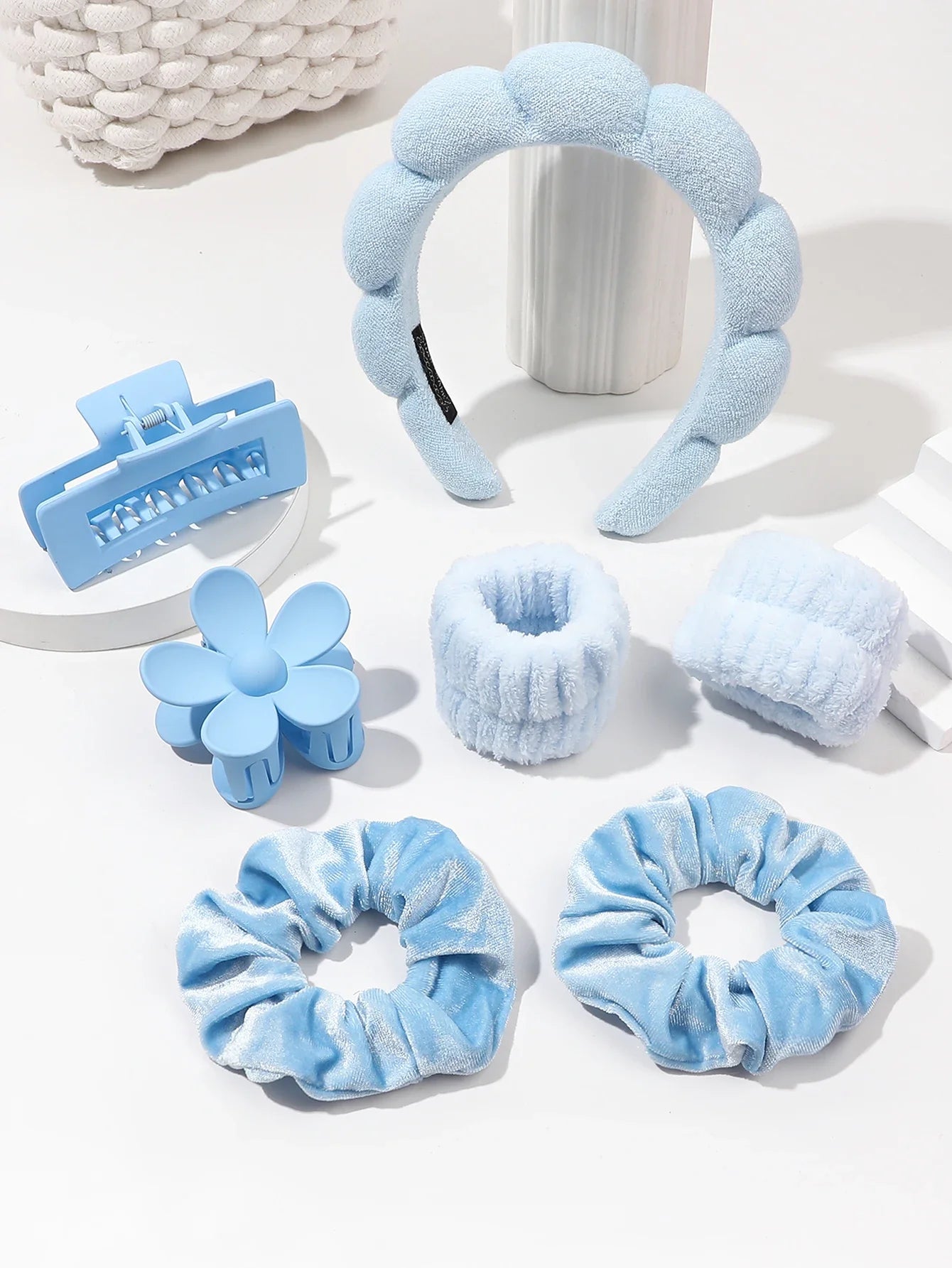 Spa Headband & Scrunchie Set (7-Piece) — Microfiber Makeup Wash Headband + Wrist Bands