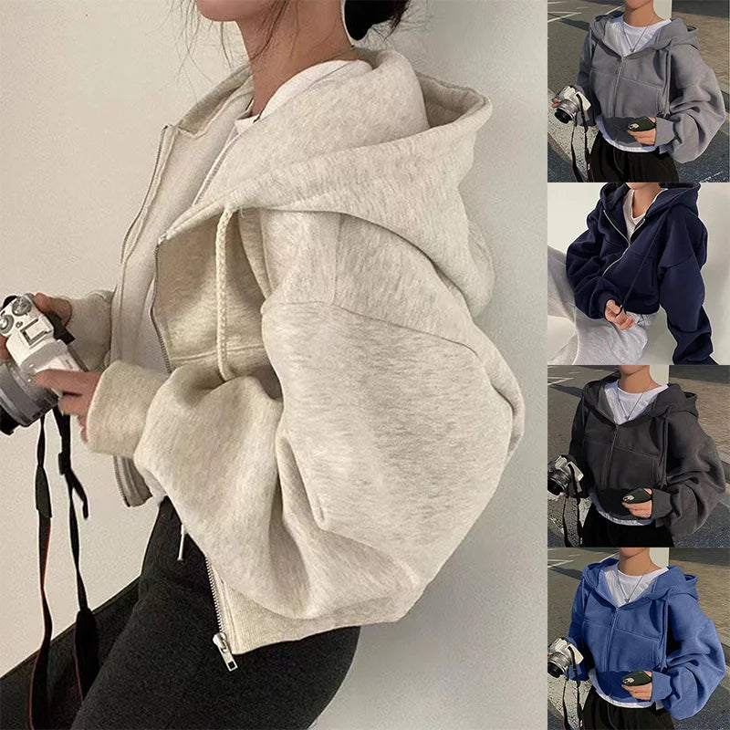 Fleece-Lined Cropped Zip Hoodie — Warm Slim Sweatshirt for Women
