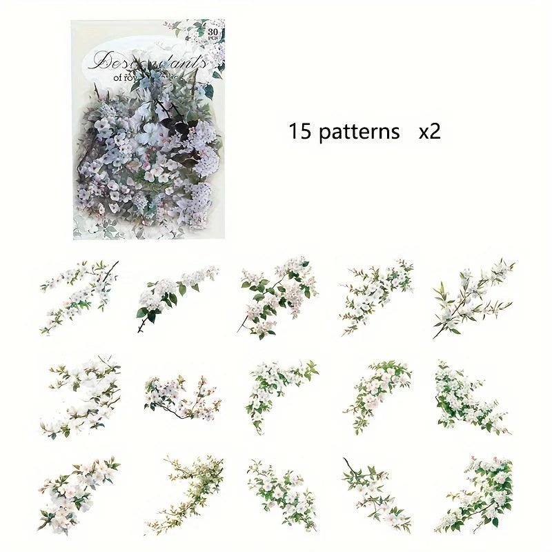 Vintage Flower Stickers — 30pc Waterproof PET Stickers for Journaling