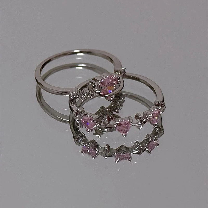 Sparkling Pink Zircon Ring — Dainty Y2K Heart & Star Ring for Women