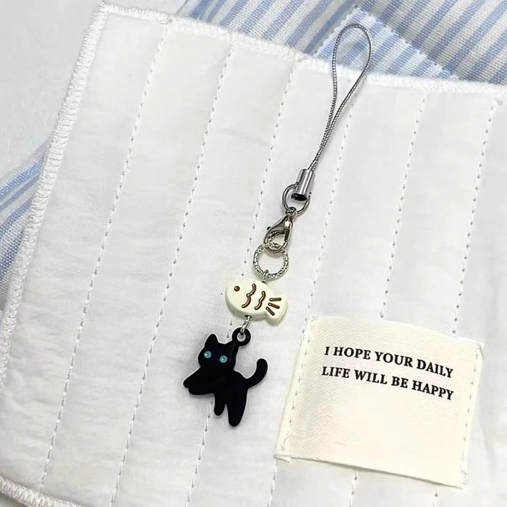 Black Cat Keychain — Cute Y2K Kawaii Bag Charm & Phone Chain