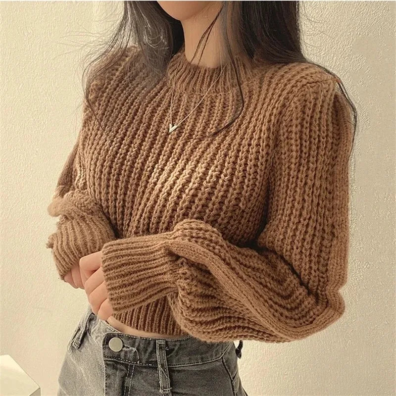 Vintage Lantern-Sleeve Knit Sweater — Soft Oversized Korean Pullover
