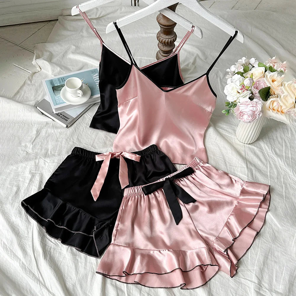 Satin Cami Pajama Set — V-Neck Cami & Ruffle Bow Shorts Sleepwear