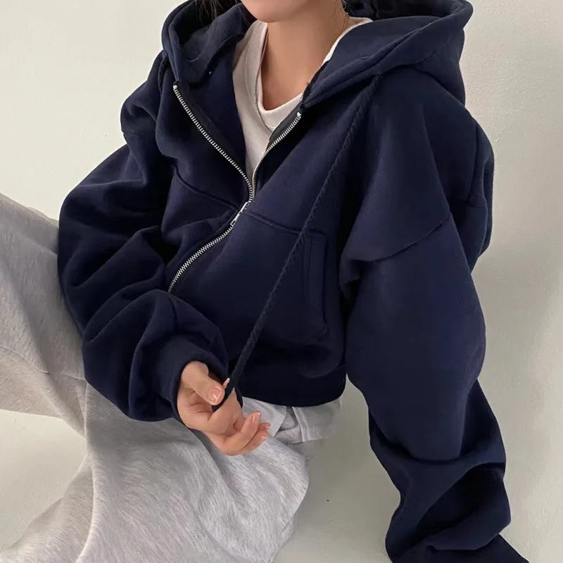 Fleece-Lined Cropped Zip Hoodie — Warm Slim Sweatshirt for Women