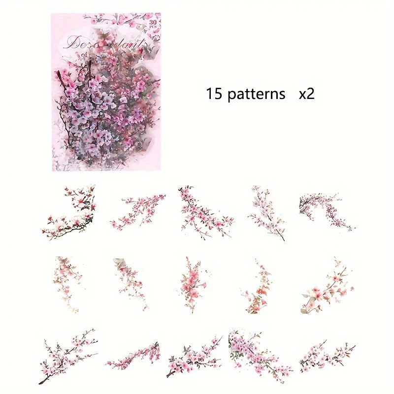 Vintage Flower Stickers — 30pc Waterproof PET Stickers for Journaling