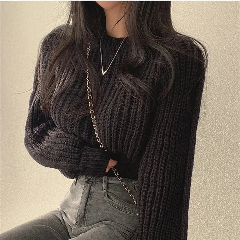 Vintage Lantern-Sleeve Knit Sweater — Soft Oversized Korean Pullover