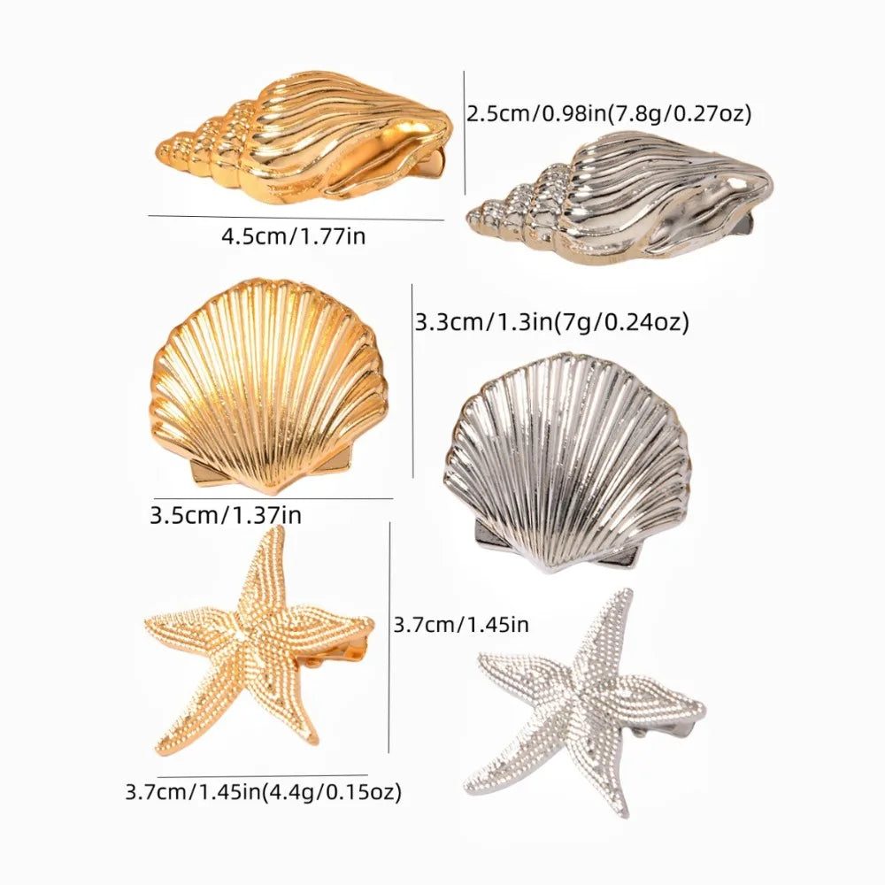 Gold Starfish & Shell Hair Clips (3-Pack) — Cute Coastal Duckbill Clips for Women