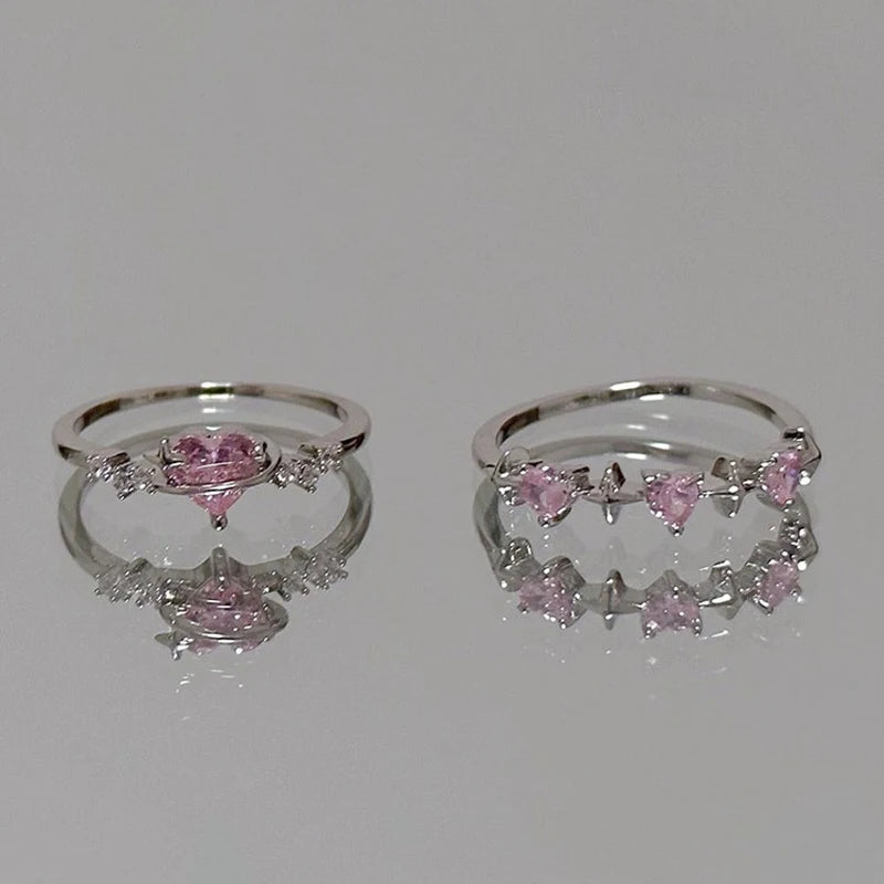 Sparkling Pink Zircon Ring — Dainty Y2K Heart & Star Ring for Women