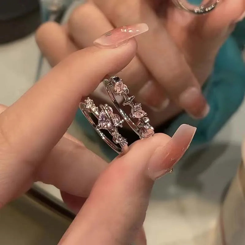 Pink Crystal Heart Ring — Cute Y2K Adjustable Zircon Ring for Women