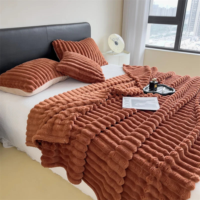 Thick Striped Fleece Blanket — Soft Multi-Purpose Throw for Bed, Sofa & Pets