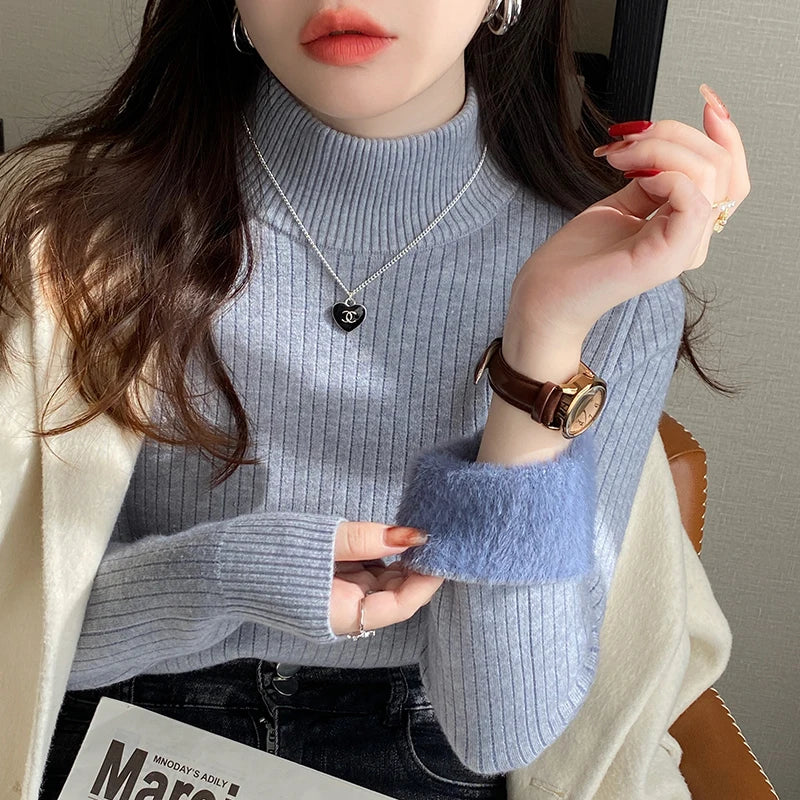 Velvet-Lined Turtleneck Top — Warm Thermal Knit Base Layer for Women
