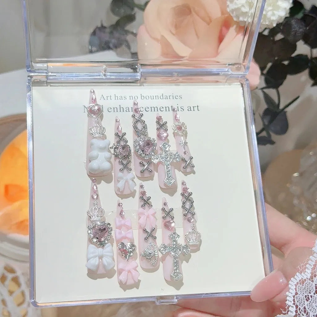 Y2K Press-On Nails — Cute Pink Bow & Heart Long Stiletto Fake Nails