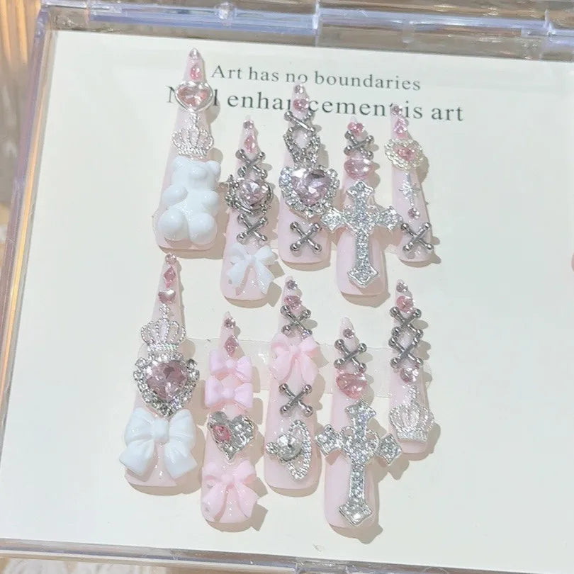 Y2K Press-On Nails — Cute Pink Bow & Heart Long Stiletto Fake Nails
