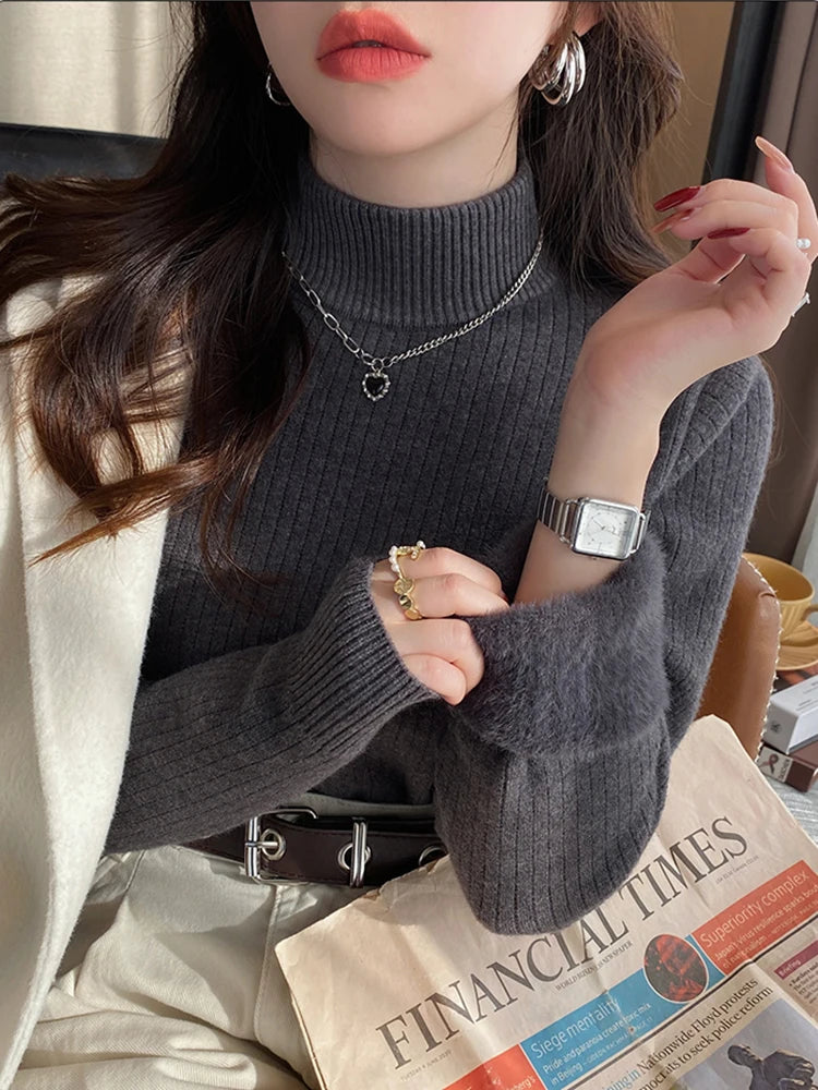 Velvet-Lined Turtleneck Top — Warm Thermal Knit Base Layer for Women